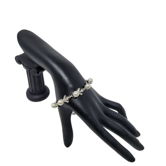 Charter Club Women's Bolo Slide Bracelet Silver Tone Faux Pearl Rhinestone - Picture 8 of 9